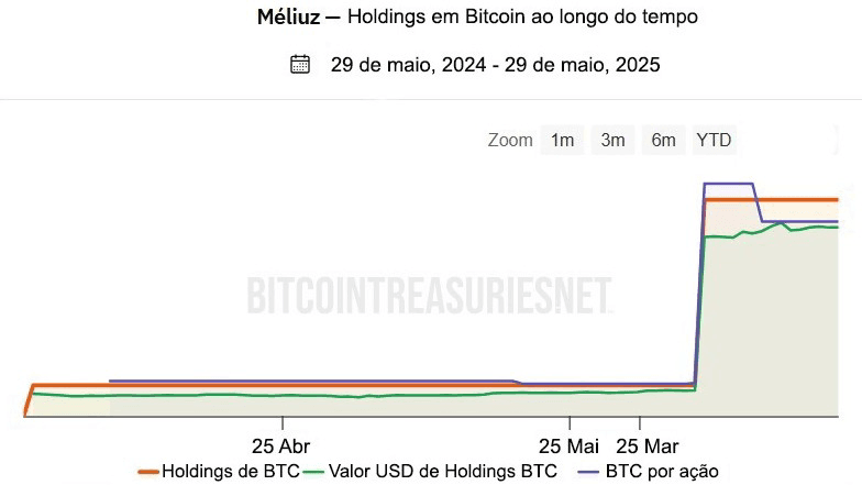 Gráfico de Holdings em Bitcoin ao longo do tempo da Méliuz