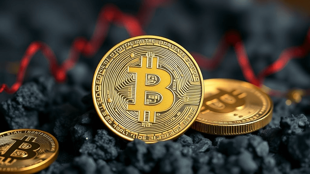 Tres monedas doradas con el símbolo del Bitcoin sobre un fondo de piedras negras y un cable rojo.