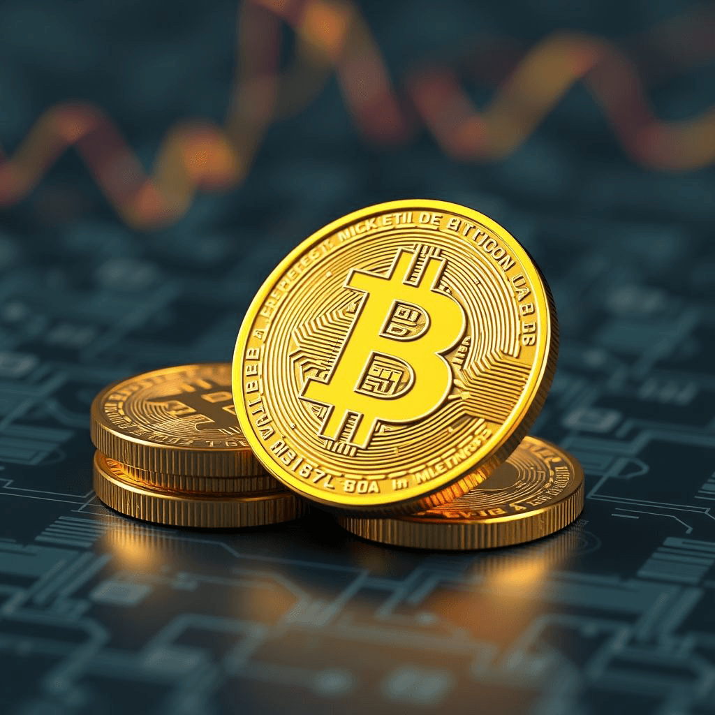 Cinco monedas doradas con el símbolo del Bitcoin, una de ellas de cara, sobre una superficie gris.