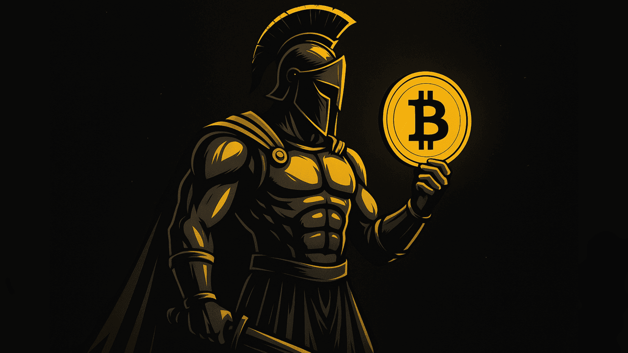 Gladiatore che tiene in mano un BTC (Gladiator holding a BTC in his hand)