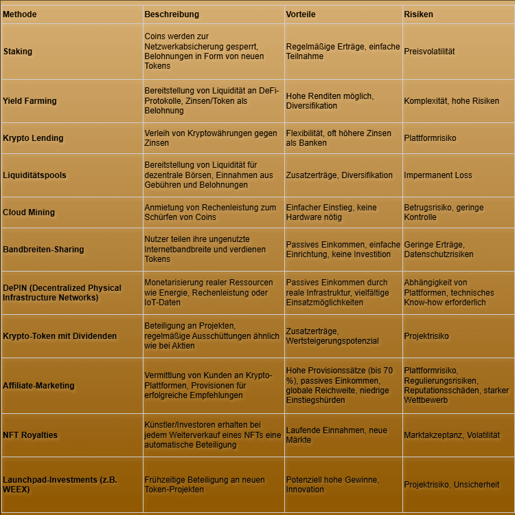 Vergleichstabelle Methoden für passives Krypto-Einkommen 2025: Staking, Yield Farming, Lending, Liquiditätspools, Cloud Mining, Bandbreiten-Sharing, DePIN, Dividenden-Token, Affiliate-Marketing, NFT-Royalties, Launchpad-Investments – Vorteile und Risiken