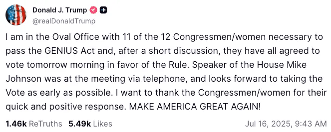 Donald Trump a convié 11 membres du Congrès pour les convaincre de se rallier à sa cause au sujet du GENIUS Act.