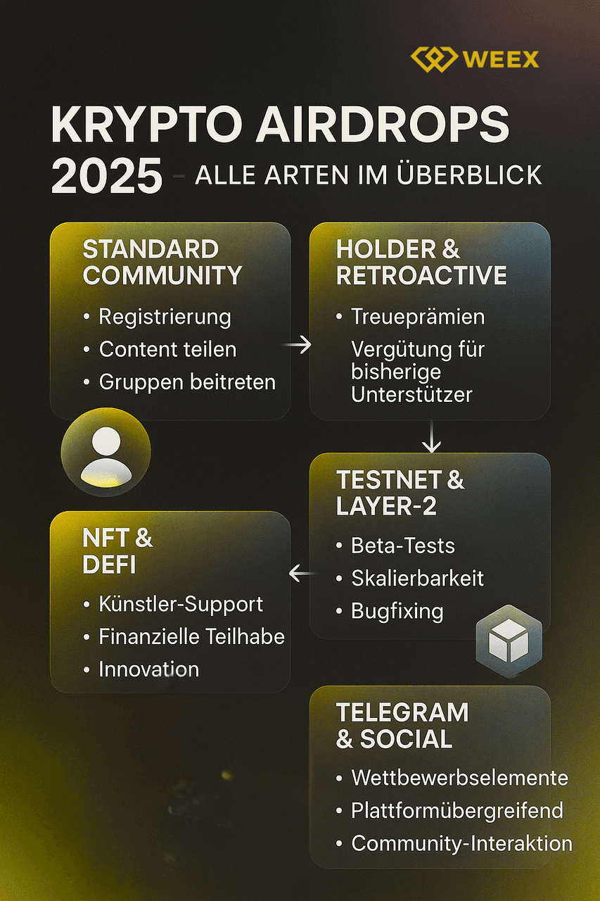 Krypto Airdrops 2025 Infografik – Übersicht der wichtigsten Arten: Standard Community Airdrops, Holder & Retroactive Airdrops, Testnet & Layer-2 Airdrops, NFT & DeFi Airdrops sowie Telegram & Social Airdrops mit Merkmalen wie Registrierung, Treueprämien, 