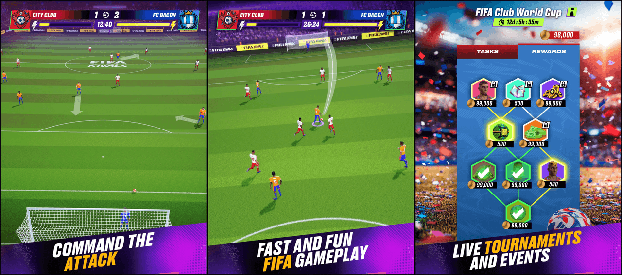 FIFA Rivals Gameplay: Live Fußball-Action, schnelle Matches, Belohnungen und Turniere. Spieler steuern ihr Team und sammeln digitale Rewards.