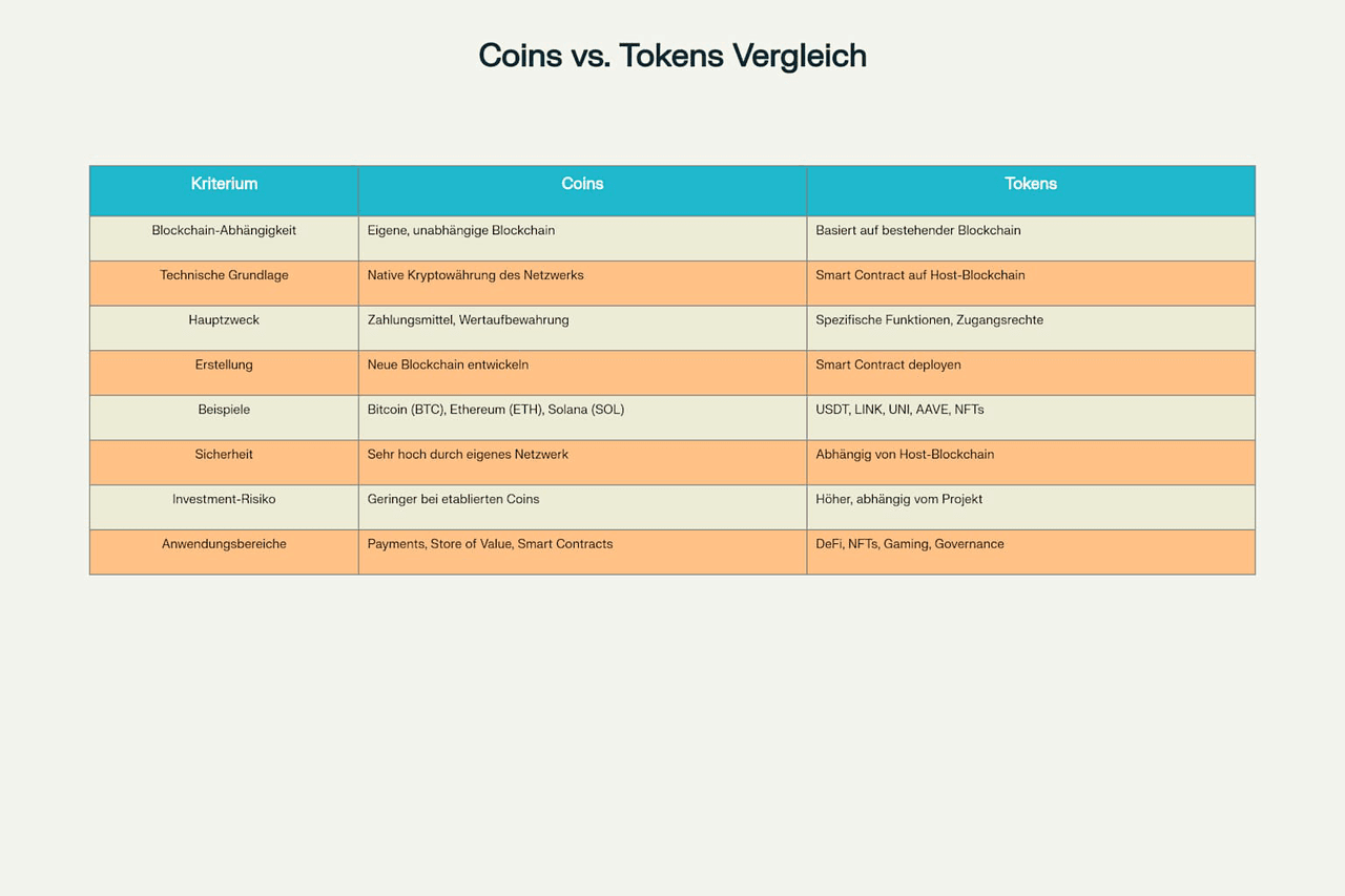 Coins vs. Tokens Vergleichstabelle – Unterschiede bei Blockchain, Sicherheit und Anwendungsbereichen