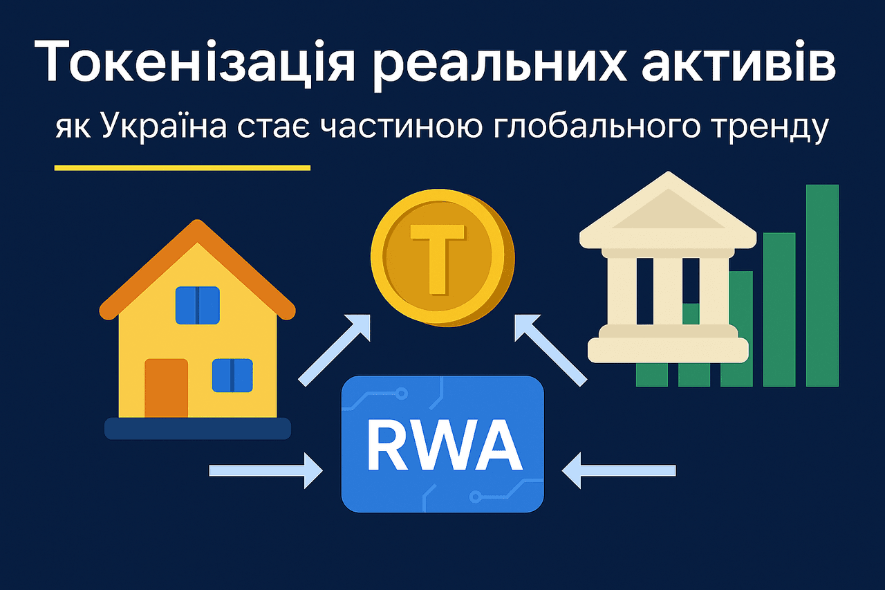 Infohrafika u styli flat pokazhuye kontseptsiyu tokenizatsiyi realnykh aktyviv (RWA) ukrayinskoyu movoyu z ikonkamy nerukhomosti, silskohospodarskykh zemel ta blokcheyn-tokeniv