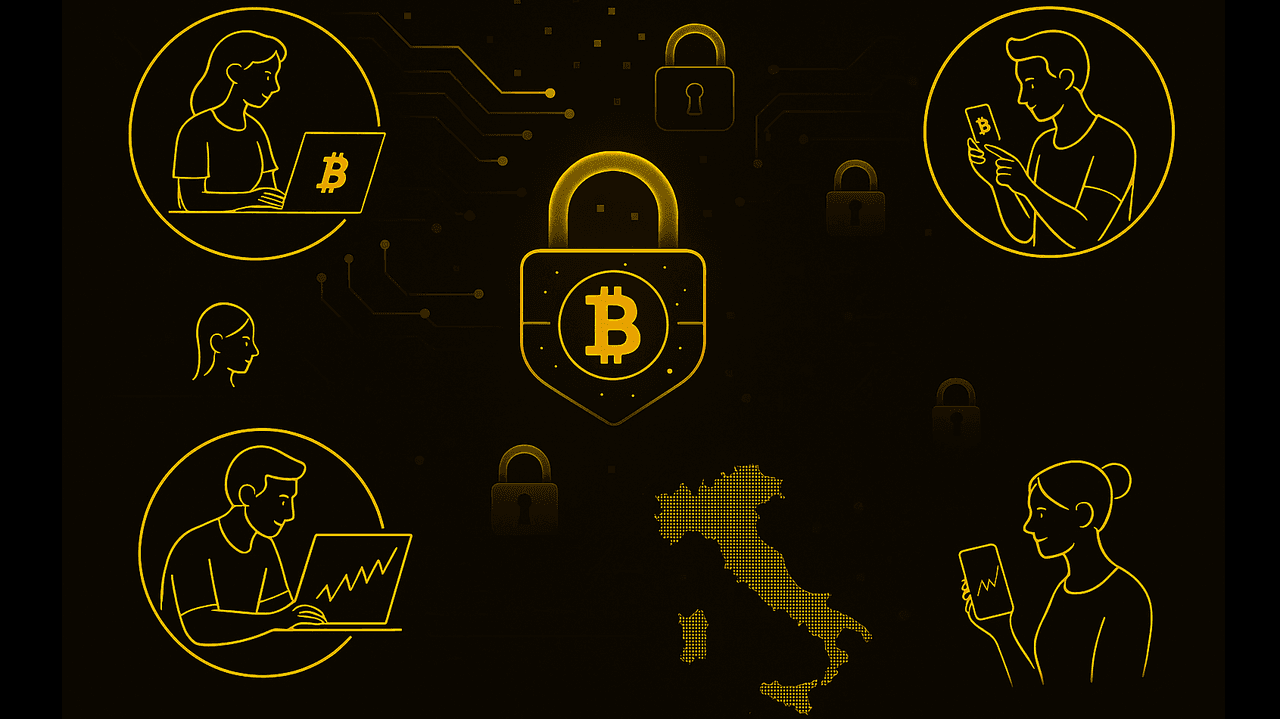 Persone che fanno trading da vari dispositivi, con elementi crypto e lo stivale dell'Italia.