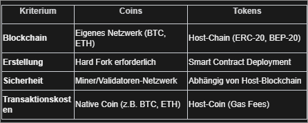 Coins vs. Tokens Vergleichstabelle – Unterschiede bei Blockchain, Erstellung, Sicherheit und Transaktionskosten im Krypto-Markt 2025