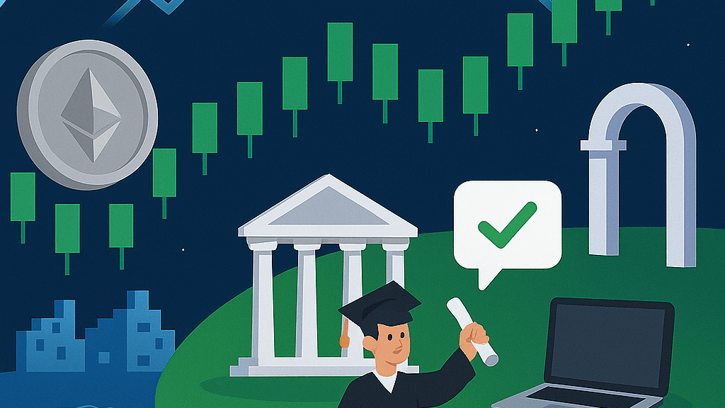 Illyustratsiia u styli flat, shcho zobrazhuie virtualnyi vypusknyi u metaversyviti z avataramy studentiv u tsyfrovmu seredovyshchi bez tekstovykh elementiv