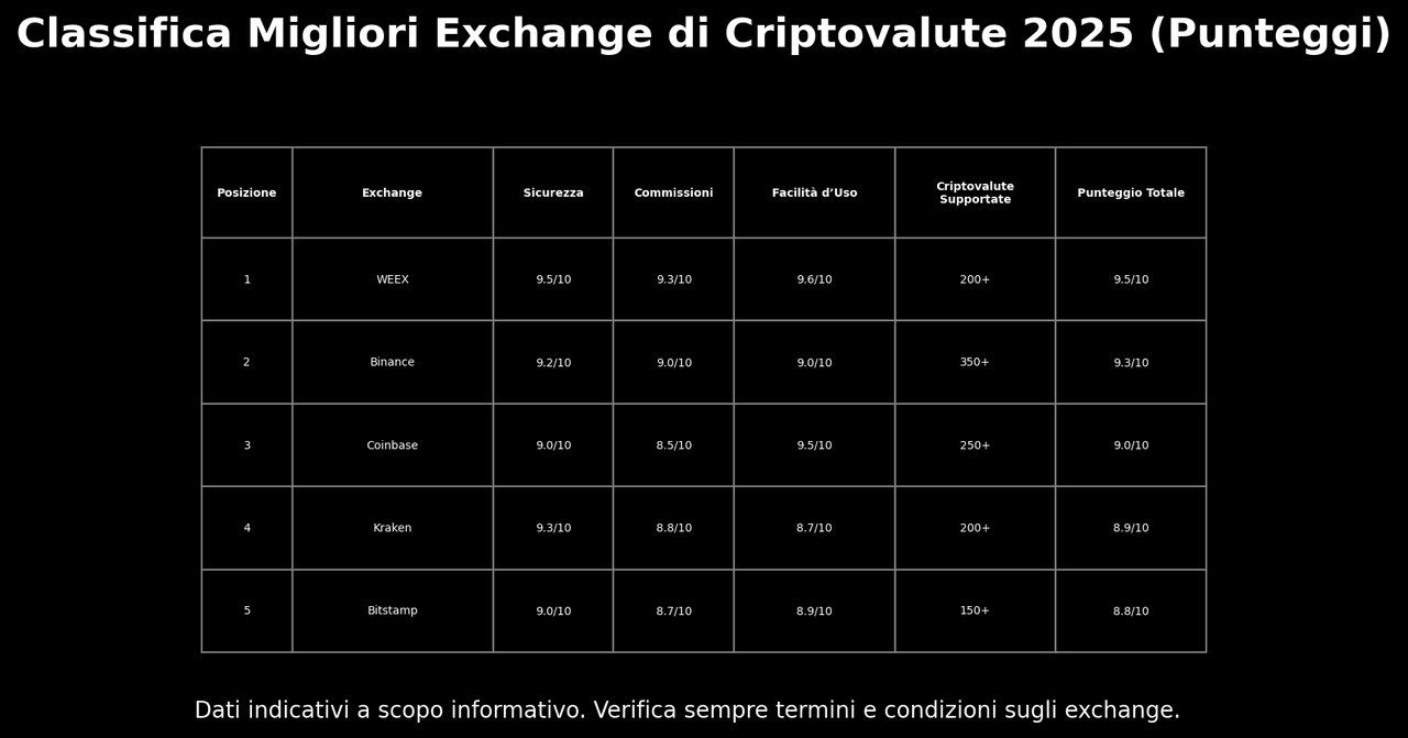 Tabella di valutazione con punteggio dei vari exchange di criptovalute.