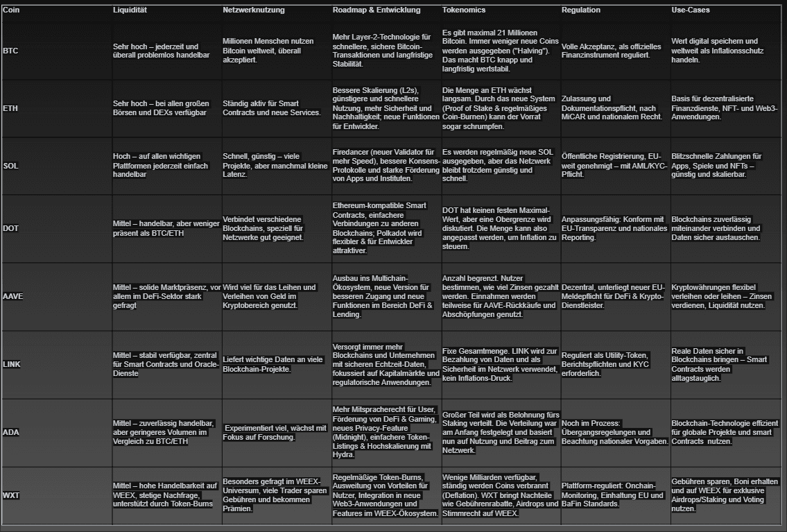 Vergleichstabelle Kryptowährungen 2025: Analyse von BTC, ETH, SOL, DOT, AAVE, LINK, ADA und WXT zu Liquidität, Tokenomics, Regulierung und Use-Cases.