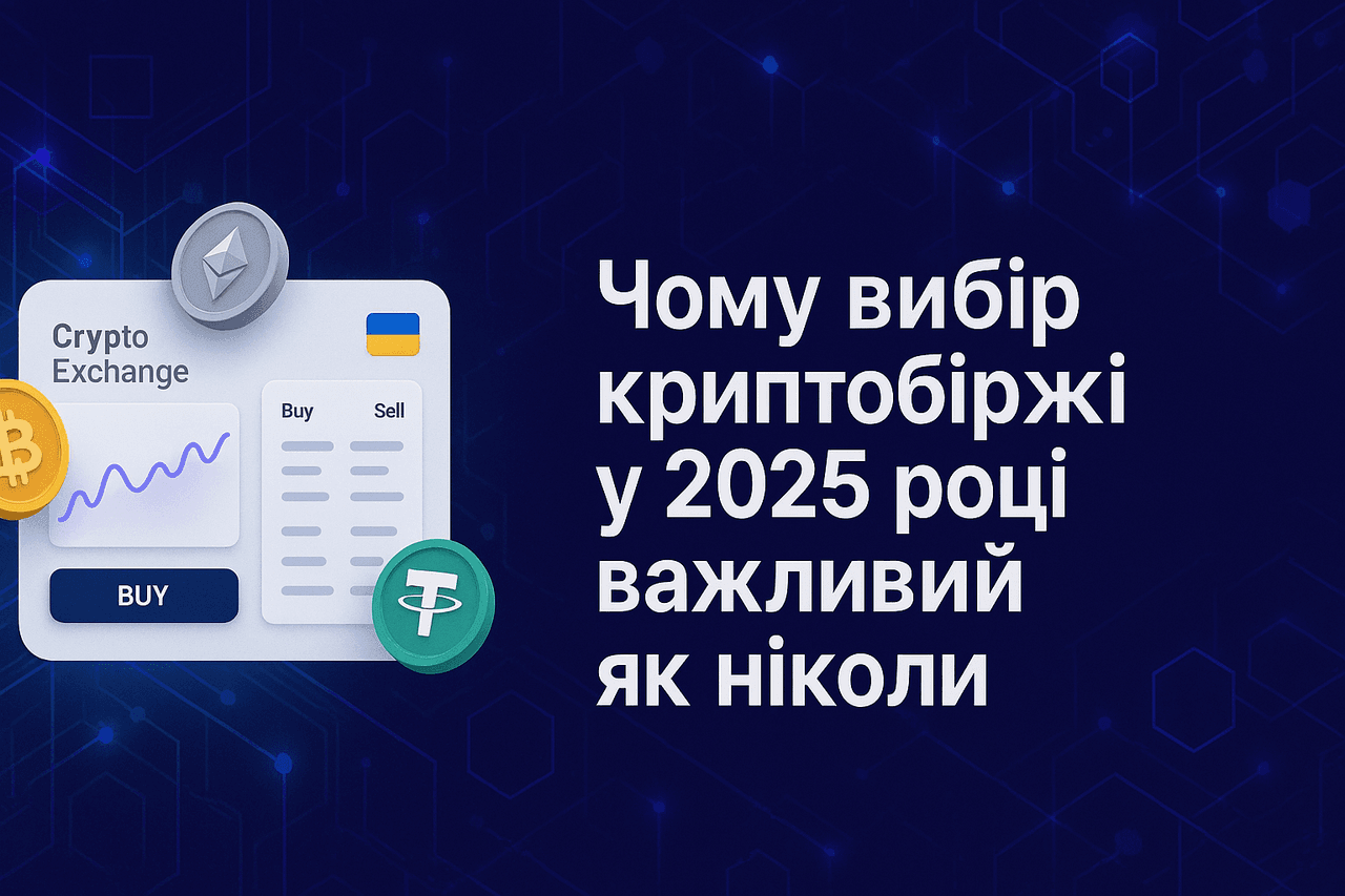 Zobrazhennia z temoiu kryptovaliut, futurystychnyi fon iz synimy ta fioletovymy elementamy blokcheinu, dashboard kryptobirzhi z plavuchymy symvolamy Bitcoin (₿), Ethereum (ETH) ta Tether (USDT), hrafik