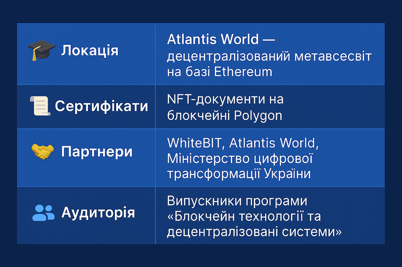 Informatsiina tablytsia pro pershyi ukrainskyi vypusknyi u metavesviti z danymy pro lokatsiiu Atlantis World, NFT-sertyfikaty na Polygon, partneriv podii ta audytoriiu studentiv prohramy z blokchein-tekhnolohii