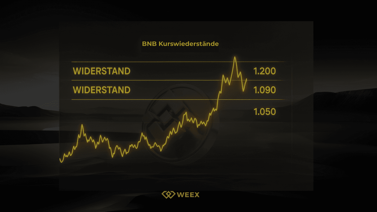 BNB Kurswiderstände: Chart mit wichtigen Widerstandszonen bei 1.050 $, 1.090 $ und 1.200 $, dargestellt mit gelber Linie und WEEX Branding.
