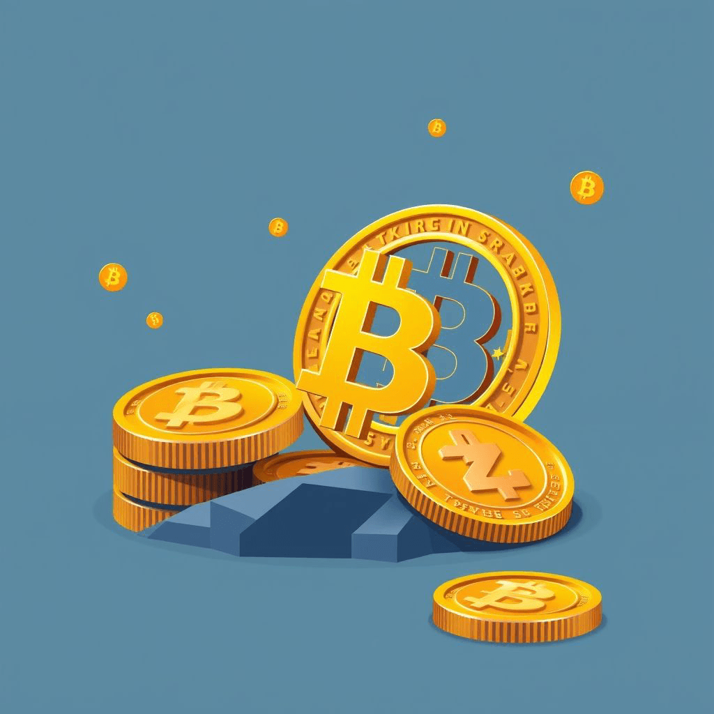 Imagen de varias monedas de diferentes tamaños con el símbolo del Bitcoin sobre un fondo azul.