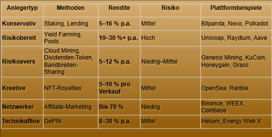 Tabelle Anlegertypen und passende Methoden für passives Krypto-Einkommen: konservativ, risikobereit, risikoavers, kreative, Netzwerker, Technikaffine – Rendite, Risiko und Plattformbeispiele 2025