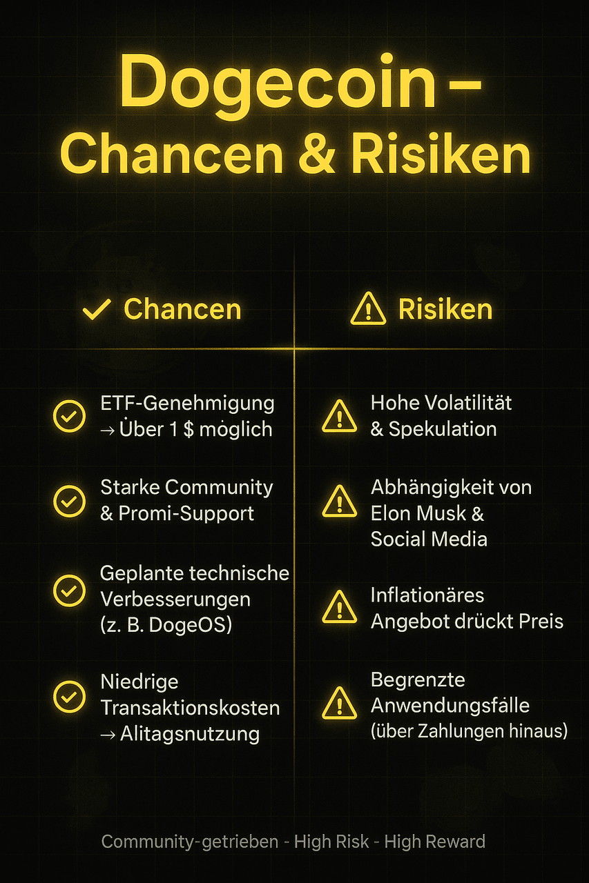 Dogecoin Chancen & Risiken Infografik: Vorteile wie Community & niedrige Kosten, Risiken wie Volatilität & Abhängigkeit von Social Media.