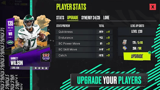 NFL Rivals Spielkarte von Garrett Wilson, zeigt Spielerwerte, Upgrade-Optionen und Fortschritt zur Verbesserung der Football-Stärken im Spiel.