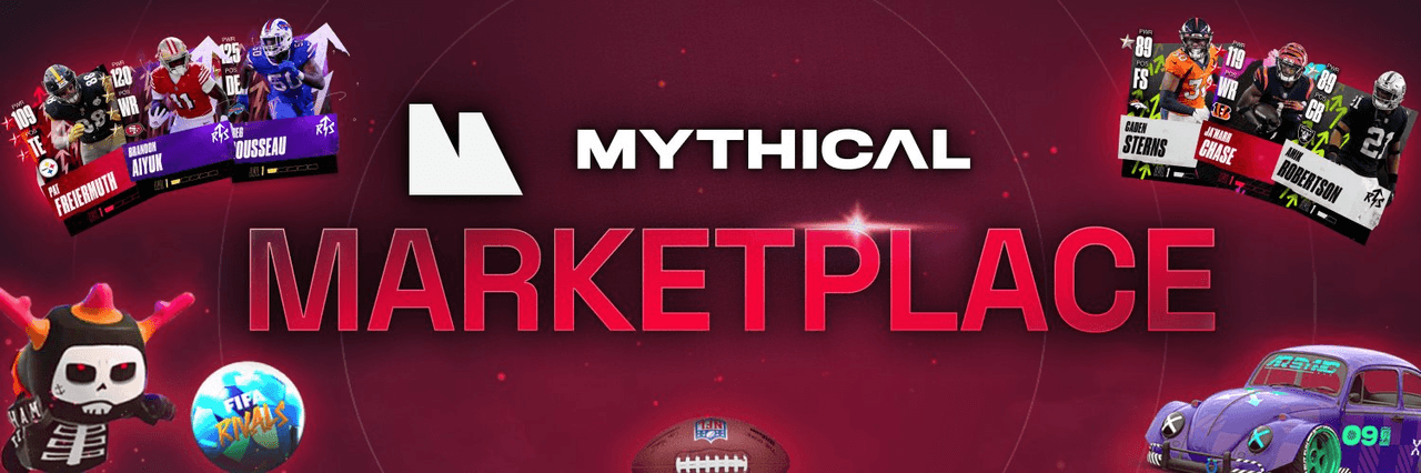 Mythical Marketplace Banner mit NFT-Spielerkarten aus NFL Rivals, FIFA Rivals, Ingame-Assets und digitalen Sammelobjekten für Web3 Games.