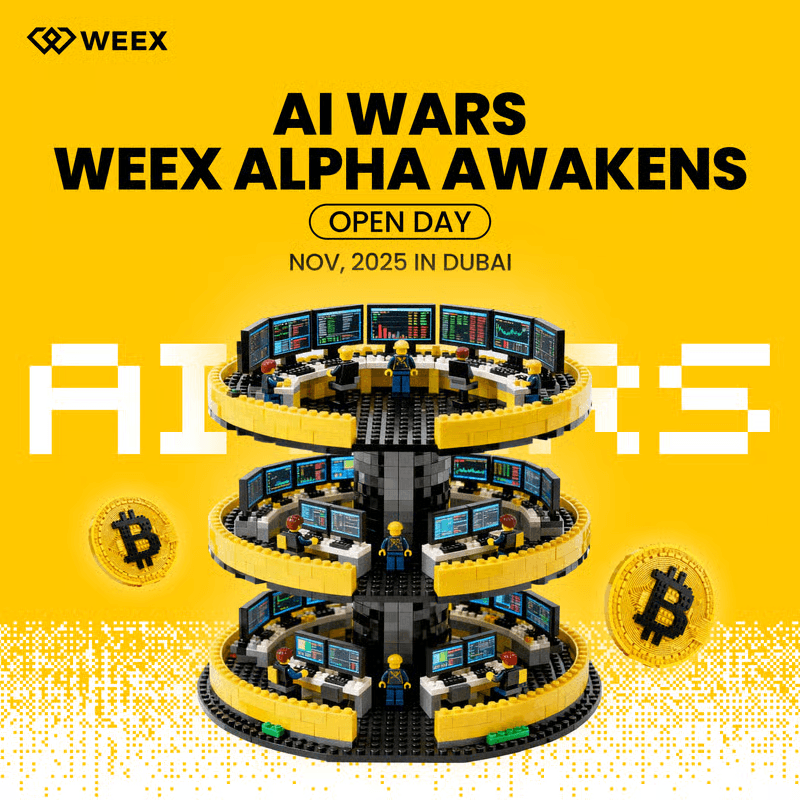 Event-Poster „AI Wars – WEEX Alpha Awakens“ mit LEGO-Trading-Börse, vielen Monitoren und Bitcoin-Symbolen, Ankündigung für November 2025 in Dubai.