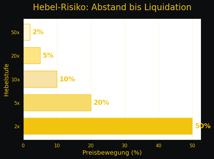 Diagramm zeigt, wie das Risiko mit steigendem Hebel zunimmt: Bei 2x Hebel sind 50% Preisbewegung bis zur Liquidation möglich, bei 5x = 20%, 10x = 10%, 20x = 5%, 50x = 2%.