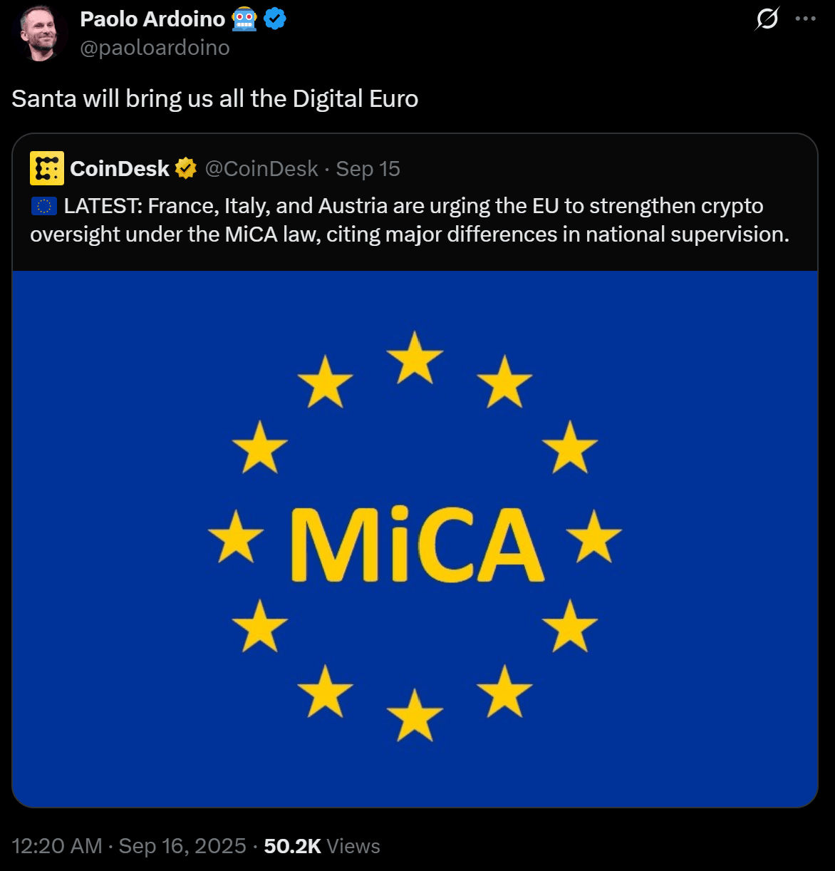 Tweet von Paolo Ardoino zum „Digitalen Euro“ mit eingebettetem CoinDesk-Post über strengere MiCA-Aufsicht; EU-Flagge mit gelbem „MiCA“-Schriftzug.