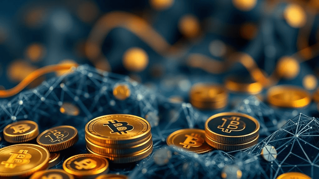Una monedas doradas con el símbolo de Bitcoin sobre un fondo azul.