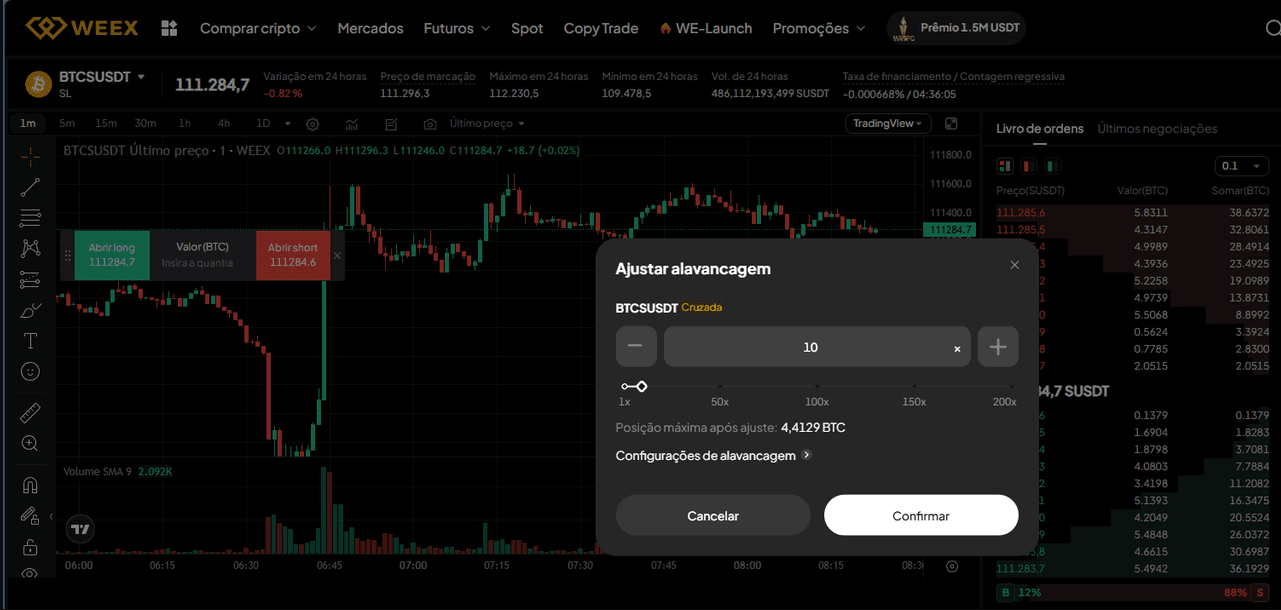 A imagem mostra a janela de ajuste de alavancagem na plataforma de trading da WEEX