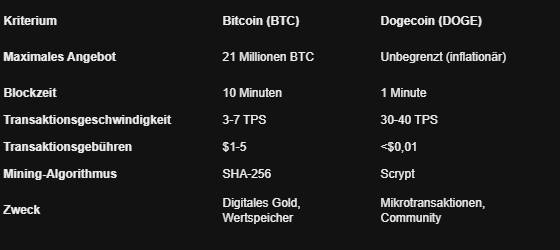 Vergleich Bitcoin vs. Dogecoin Infografik: Unterschiede bei Angebot, Blockzeit, Transaktionskosten, Geschwindigkeit, Mining und Anwendungszweck.