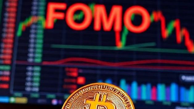 Imagem com uma plataforma de trading ao fundo com a sigla FOMO em vermelho e uma moeda com referência ao Bitcoin à frente
