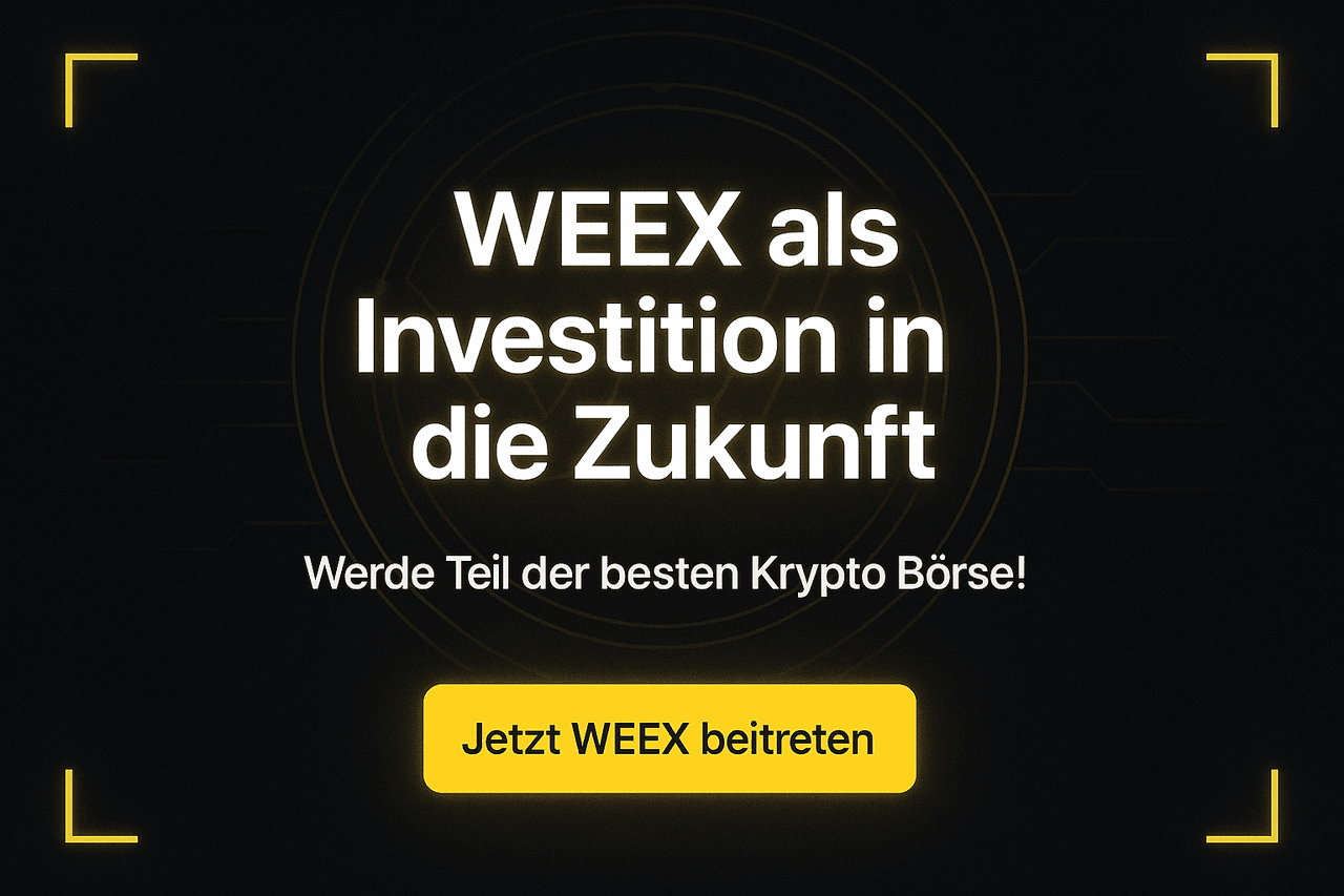 WEEX Krypto Börse Call-to-Action: "Investition in die Zukunft." Sei Teil der besten Plattform. Jetzt WEEX beitreten! Schwarzes Design mit gelben Akzenten.