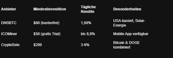 Vergleich Mining-Anbieter Infografik: DNSBTC, ICOMiner und CryptoSolo mit Mindestinvestition, täglicher Rendite und besonderen Features.