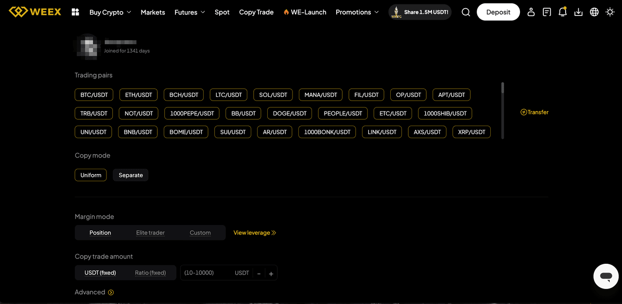 set up copy trade on weex